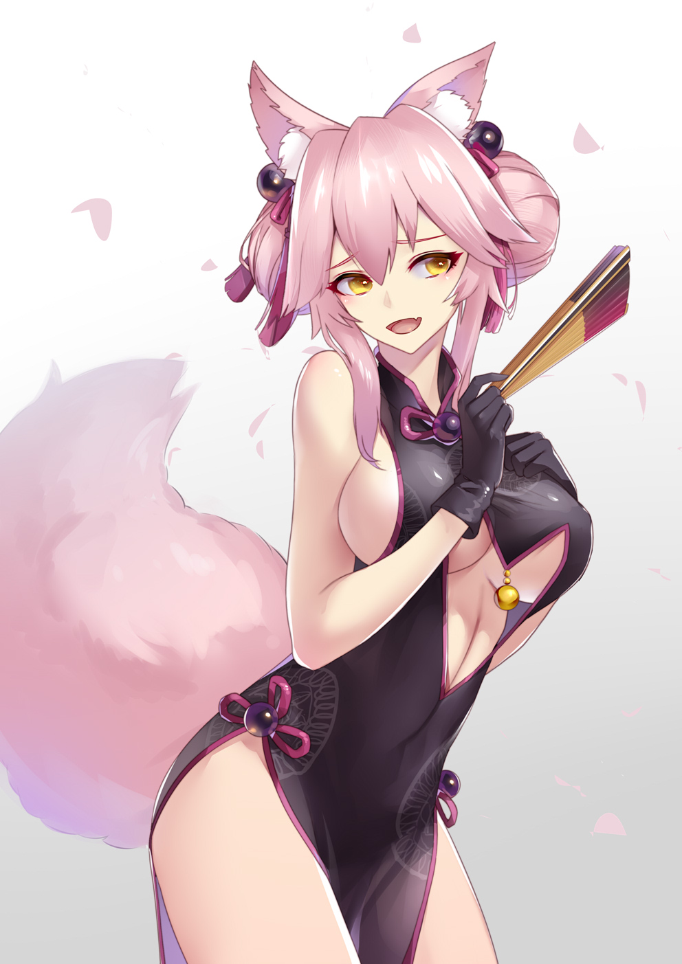 1girl animal_ear_fluff animal_ears bangs bare_shoulders bell black_dress black_gloves blush breasts center_opening china_dress chinese_clothes dress fan fate/grand_order fate_(series) folding_fan fox_ears fox_girl fox_tail gloves hair_between_eyes hand_on_own_chest highres hips jingle_bell koyanskaya large_breasts liu_lan long_hair looking_to_the_side open_mouth pink_hair sideboob sidelocks smile solo tail tassel thighs tied_hair underboob white_background yellow_eyes