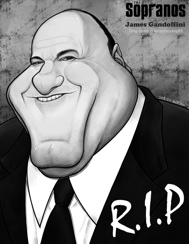 1boy artist_name caricature caucasian character_name chin copyright_name dated double_chin face facial_hair forehead formal gangster greyscale grin james_gandolfini looking_at_viewer mafia male_focus monochrome naver_username necktie nose shirt shirt_under_jacket smile solo stubble suit suit_jacket teeth the_sopranos yanggoon