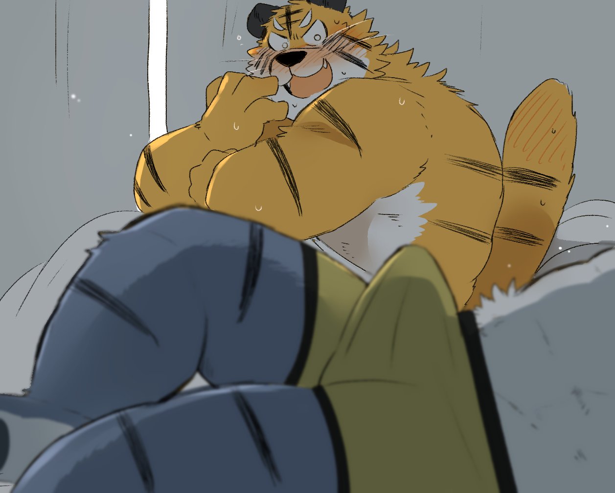 2020 anthro blush bodily_fluids bulge clothing duo erection erection_under_clothing felid humanoid_hands hyaku_(artist) kemono male male/male mammal overweight overweight_male pantherine sitting sweat tiger underwear