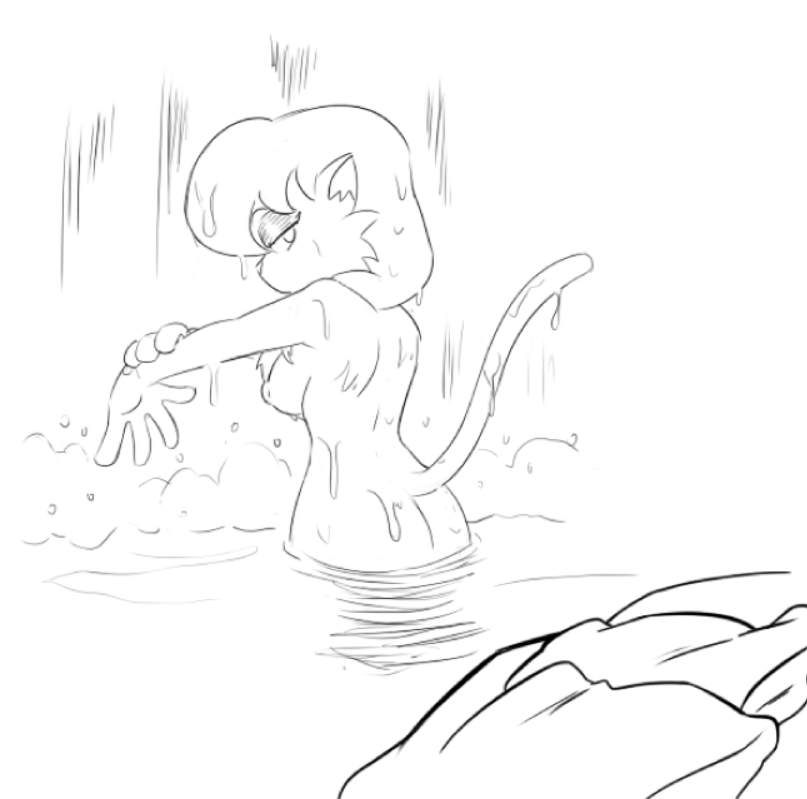 anthro bath breasts butt cleo_catillac domestic_cat felid feline felis female heathcliff_and_the_catillac_cats looking_back mammal monochrome nipples nude shower solo terrible_the_drawfag waterfall