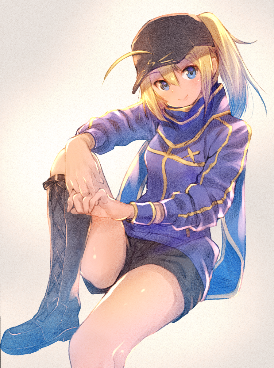 1girl ahoge artoria_pendragon_(all) baseball_cap blonde_hair blue_eyes boots fate/grand_order fate_(series) hat highres mysterious_heroine_x ponytail scarf shorts sitting smile usapenpen2019