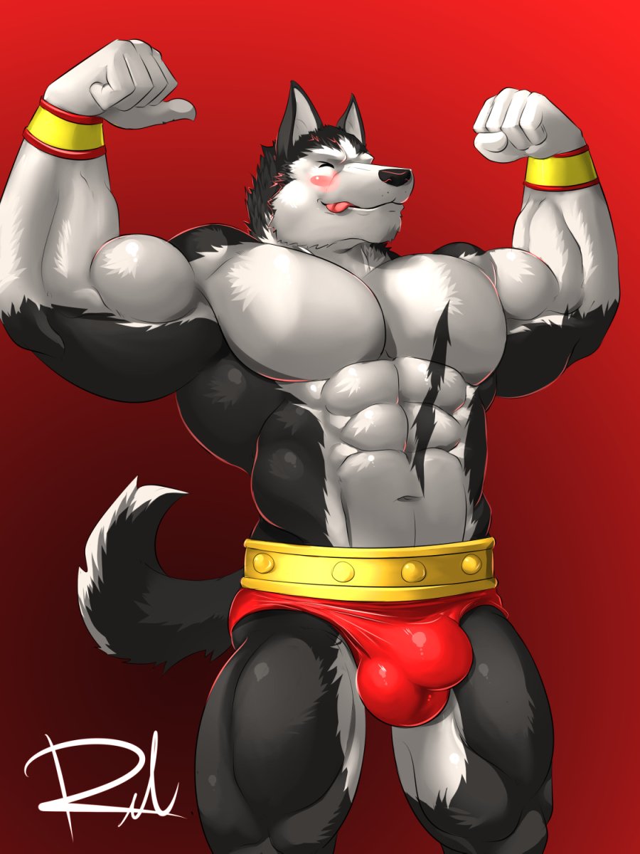 3:4 5_fingers abs anthro biceps black_body black_fur blush bottomwear bulge canid canine canis clothed clothing cosplay domestic_dog extracurricular_activities eyes_closed fingers flexing fur genital_outline gradient_background hi_res husky male mammal multicolored_body multicolored_fur muscular muscular_anthro muscular_male nordic_sled_dog pecs reclamon red_background red_bottomwear red_clothing simple_background solo spencer_(extracurricular_activities) spitz tongue tongue_out topless two_tone_body two_tone_fur white_body white_fur wrestling_briefs wristband zangief