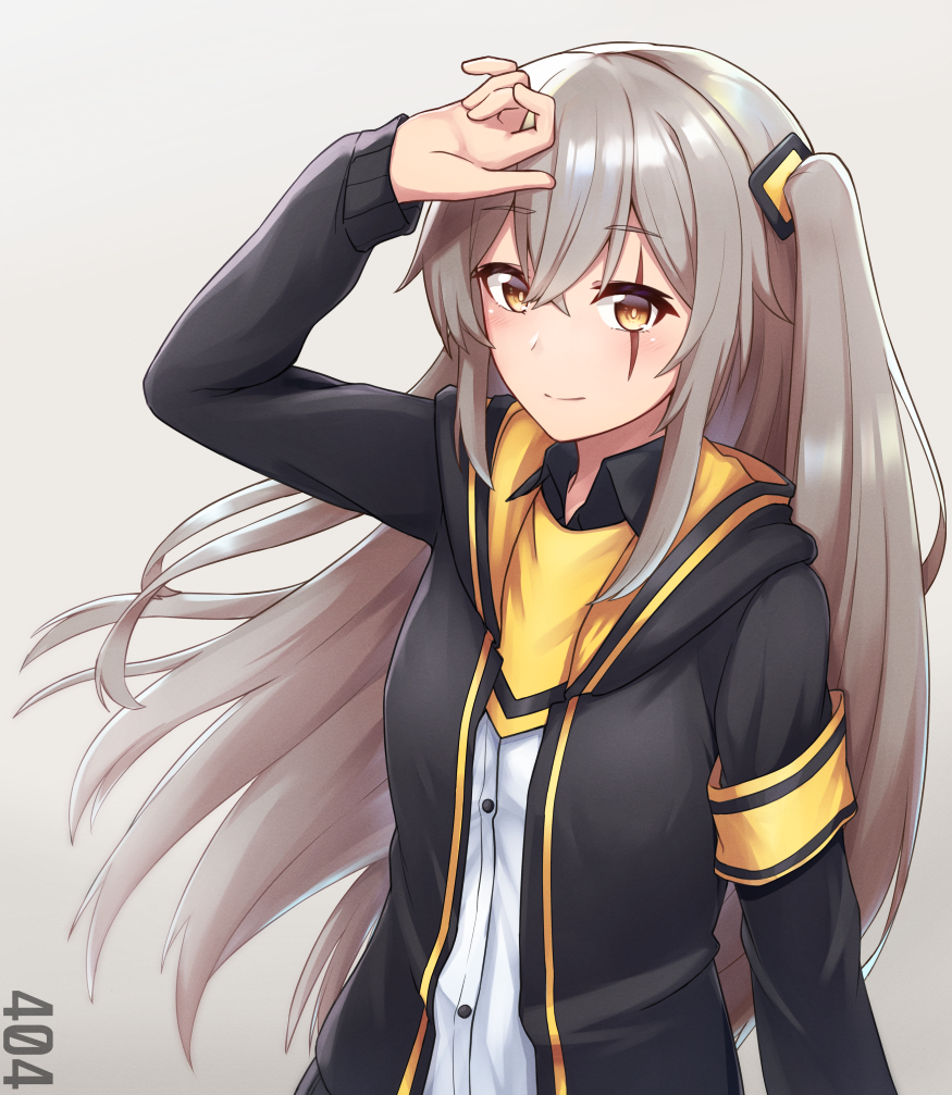 1girl 404_(girls_frontline) armband bangs black_jacket black_sleeves brown_eyes brown_hair buttons closed_mouth collared_shirt exren eyebrows_visible_through_hair girls_frontline hair_between_eyes hair_ornament hand_on_own_head hood jacket long_hair long_sleeves looking_at_viewer number open_clothes open_jacket shirt side_ponytail sidelocks simple_background smile solo ump45_(girls_frontline) upper_body white_shirt