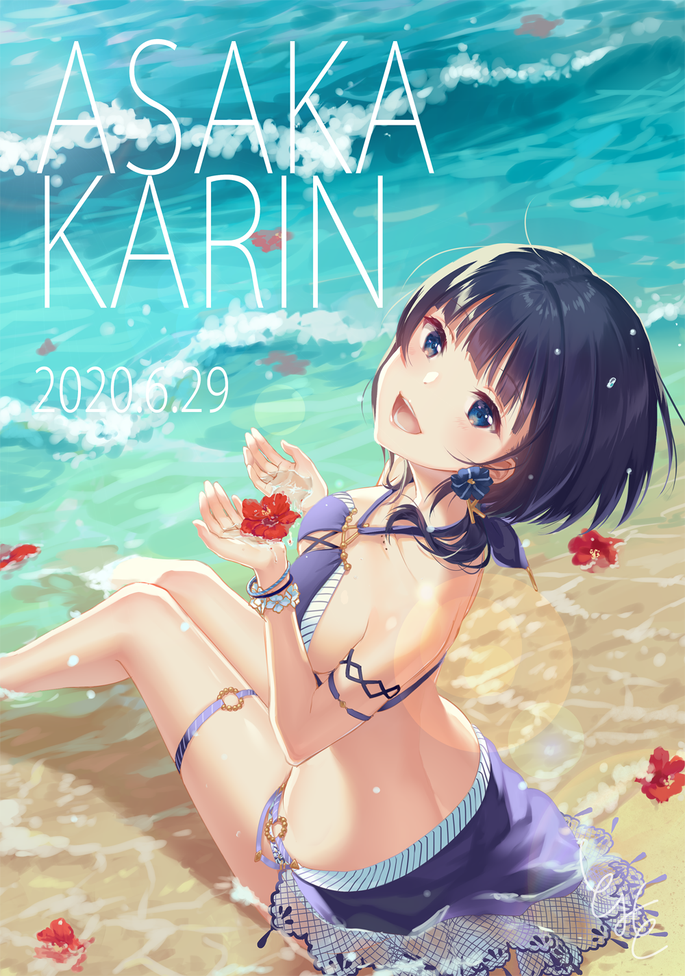 1girl :d arm_strap asaka_karin back bangs beach bikini black_hair blue_bikini blue_eyes blunt_bangs blush bracelet breasts character_name cleavage commentary_request dated earrings eyebrows_visible_through_hair flower flower_earrings from_behind hair_over_shoulder halterneck hibiscus highres holding holding_flower jewelry long_hair looking_at_viewer looking_back love_live! love_live!_school_idol_festival_all_stars low_ponytail medium_breasts o-ring ocean on_ground open_mouth perfect_dream_project red_flower sarong sitting smile solo swimsuit thigh_strap tomiwo water