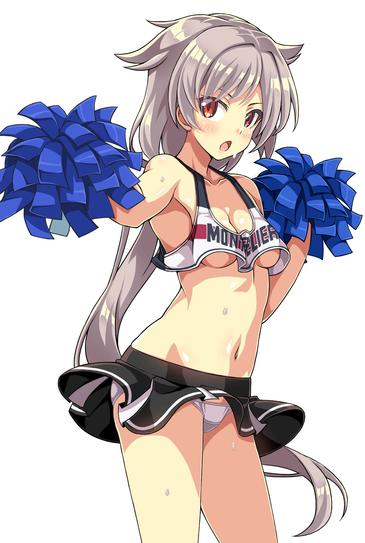 1girl azur_lane bangs black_skirt breasts character_name cheering cheerleader clothes_writing collarbone commentary cowboy_shot crop_top crop_top_overhang hair_ears highres holding holding_pom_poms long_hair looking_at_viewer macaroni_hourensou midriff miniskirt montpelier_(azur_lane) navel open_mouth panties pantyshot pleated_skirt pom_poms red_eyes shirt silver_hair simple_background skirt sleeveless sleeveless_shirt small_breasts solo underwear white_background white_panties