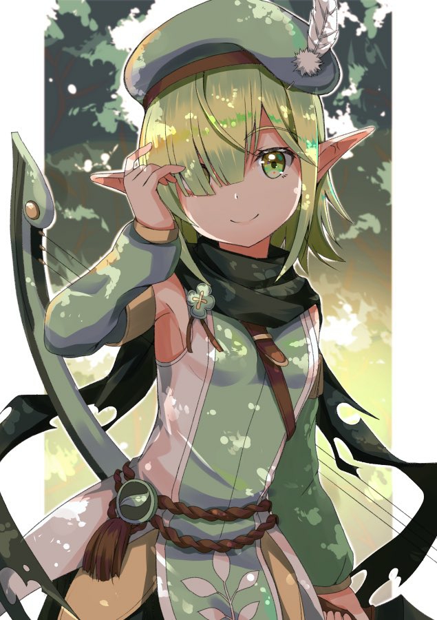 1girl akiyasu aoi_(princess_connect!) bangs bare_shoulders beret black_scarf bow_(weapon) closed_mouth commentary_request detached_sleeves elf eyebrows_visible_through_hair green_eyes green_hair green_headwear green_shirt green_sleeves hair_over_one_eye hand_up hat holding holding_bow_(weapon) holding_weapon long_sleeves pointy_ears princess_connect! princess_connect!_re:dive puffy_long_sleeves puffy_sleeves scarf shirt sleeveless sleeveless_shirt sleeves_past_wrists smile solo torn_scarf weapon