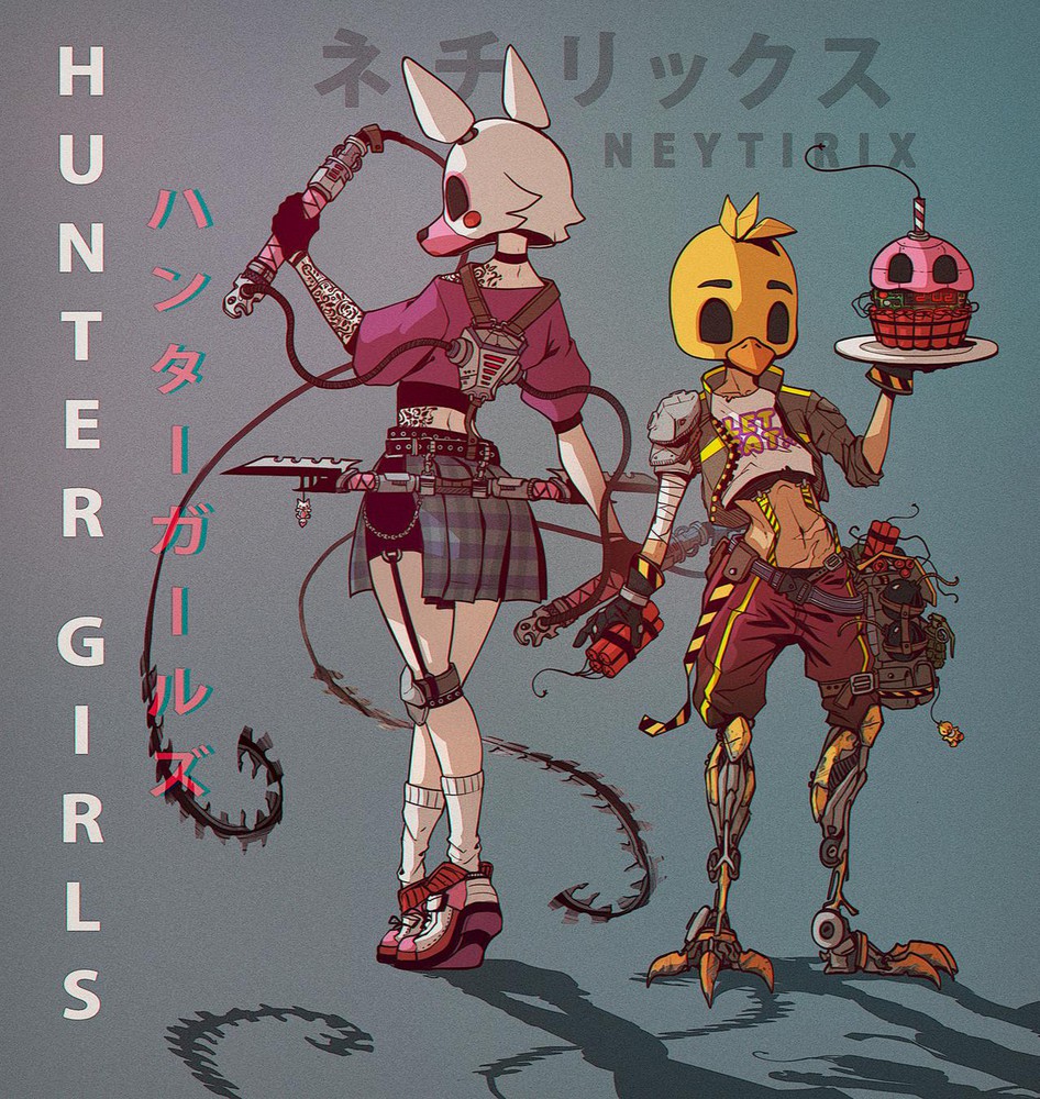 2girls battle_scarred bomb chica chicken_mask cupcake_(fnaf) cyborg dual_wielding five_nights_at_freddy's five_nights_at_freddy's_2 fox_mask holding humanization mangle mask mechanical_legs multiple_girls neytirix scar tattoo time_bomb weapon weapon_on_back whip whip_sword