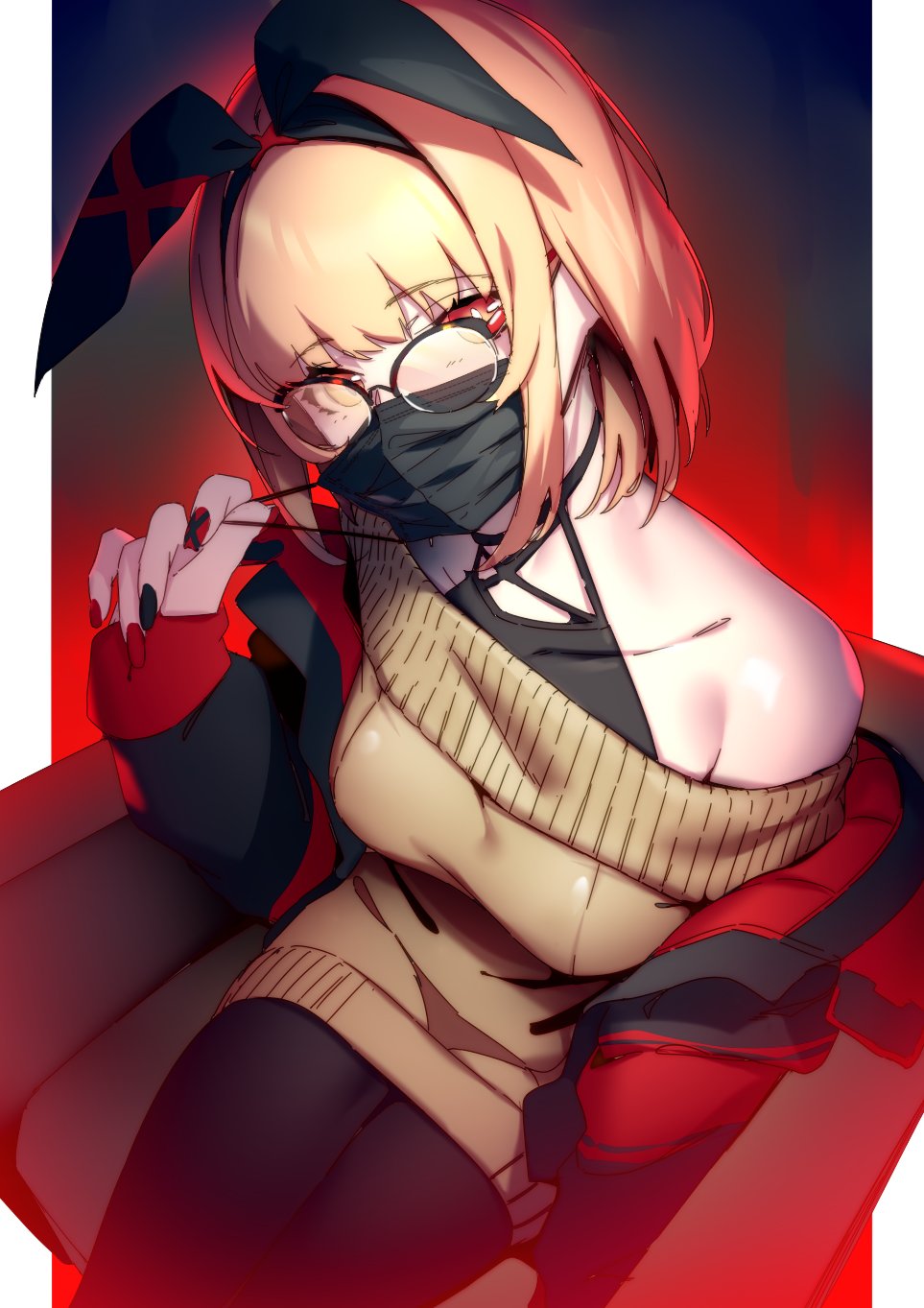 1girl bare_shoulders black_legwear black_mask black_surgical_mask blonde_hair chair dress fingernails glasses hairband highres jacket looking_at_viewer mask mask_around_one_ear mouth_mask nail_polish off-shoulder_sweater off_shoulder original pantyhose red_eyes ryuji_(ikeriu) short_hair sitting sleeves_past_wrists solo surgical_mask sweater sweater_dress