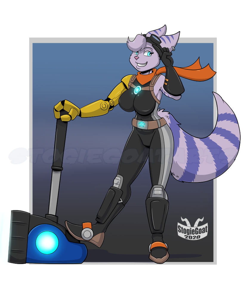 big_breasts breasts clothing digital_drawing_(artwork) digital_media_(artwork) fur gesture hammer lombax mammal ratchet_and_clank rift_apart_lombax salute stogiegoatarts striped_body striped_fur stripes tight_clothing tools video_games weapon