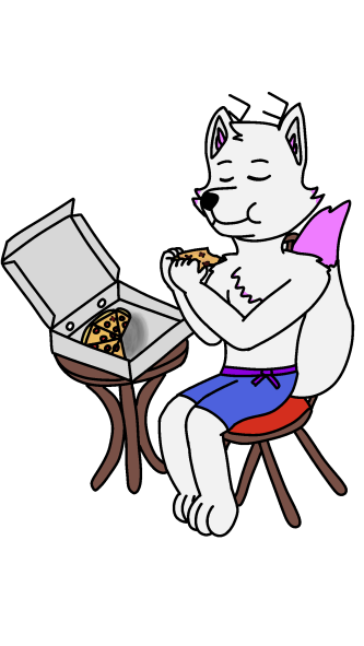 alpha_channel anthro blue_bottomwear blue_clothing blue_shorts bottomwear canid canine cervid clothing food fox fur hybrid imainluigiinsmashbros male mammal pink_body pink_fur pizza pizza_box rajikaru shorts solo two_tone_tail white_body white_fur