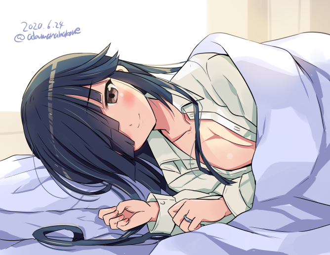 1girl black_hair blush breasts brown_eyes cleavage collarbone dated eyebrows_visible_through_hair fingernails hair_over_one_eye hayashimo_(kantai_collection) jewelry kantai_collection long_hair long_sleeves looking_at_viewer odawara_hakone open_clothes open_shirt ring shirt smile solo twitter_username wedding_band white_shirt