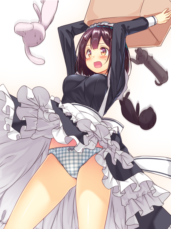 1girl apron arms_up ass_visible_through_thighs black_dress blush box breasts brown_eyes brown_hair cardboard_box dress hair_ornament hairclip holding maid maid_headdress open_mouth original panties plaid plaid_panties short_hair simple_background solo stuffed_animal stuffed_toy thighs underwear usume_shirou white_apron white_background wind wind_lift