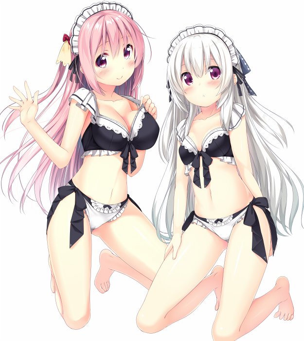 2girls :o bangs bare_arms bare_legs bare_shoulders barefoot bikini bikini_bottom bikini_top black_bikini blush bow bow_bikini breasts cleavage closed_mouth collarbone eyebrows_visible_through_hair frilled_bikini frills full_body hair_between_eyes hands_up kneeling long_hair looking_at_viewer maid_headdress medium_breasts multiple_girls navel one_side_up original parted_lips pink_hair red_eyes silver_hair simple_background small_breasts smile solo swimsuit usume_shirou very_long_hair white_background white_bikini