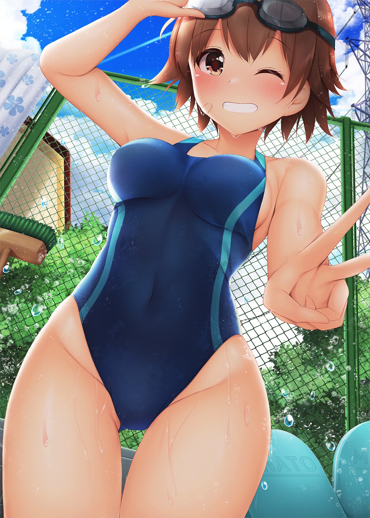 1girl blue_sky blue_swimsuit brown_eyes brown_hair chain-link_fence cleaning_brush cloud commentary_request competition_swimsuit cowboy_shot day fence goggles goggles_on_head grin highres kickboard looking_at_viewer minato_(ojitan_gozaru) one-piece_swimsuit original outdoors power_lines short_hair sky smile solo swimsuit thigh_gap towel wet