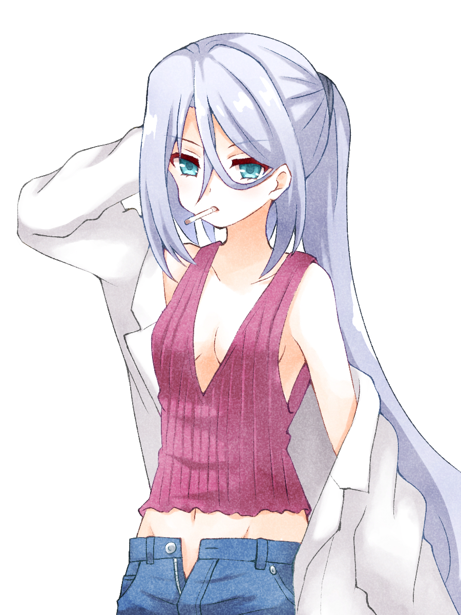1girl blue_eyes breasts character_request cigarette cleavage gakkou_gurashi! hair_between_eyes hand_behind_head highres jacket labcoat long_ponytail looking_down ma_tsukasa open_clothes open_fly open_jacket ponytail silver_hair small_breasts solo tank_top tied_hair white_background