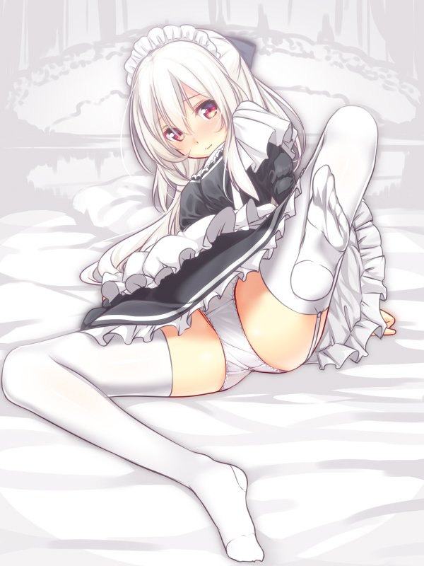 1girl apron ass bed black_dress blush dress dress_lift feet garter_straps knee_up leg_lift leg_up legs long_hair looking_at_viewer lying maid maid_headdress on_back original panties red_eyes simple_background sketch soles solo spread_legs thighhighs thighs toes underwear usume_shirou white_apron white_background white_hair white_legwear white_panties