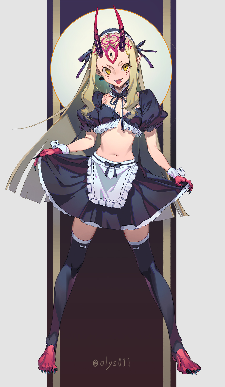 1girl alternate_costume apron barefoot black_legwear black_nails black_ribbon breasts collarbone crop_top earrings enmaided facial_mark fangs fate/grand_order fate_(series) fingernails frills hair_ribbon highres horns ibaraki_douji_(fate/grand_order) jewelry legs_apart long_fingernails maid navel olys oni_horns open_mouth pointy_ears puffy_short_sleeves puffy_sleeves red_skin ribbon sharp_fingernails short_sleeves sidelocks skin_fangs skirt_hold small_breasts smile solo standing stirrup_legwear stomach thighhighs toeless_legwear twitter_username waist_apron whisker_markings white_apron wrist_cuffs zettai_ryouiki
