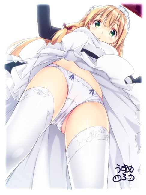 1girl apron ass black_dress blonde_hair cameltoe dress from_below green_eyes long_hair looking_down maid maid_headdress original panties simple_background skirt solo thighhighs thighs underskirt underwear upskirt usume_shirou white_apron white_background white_legwear white_panties white_skirt