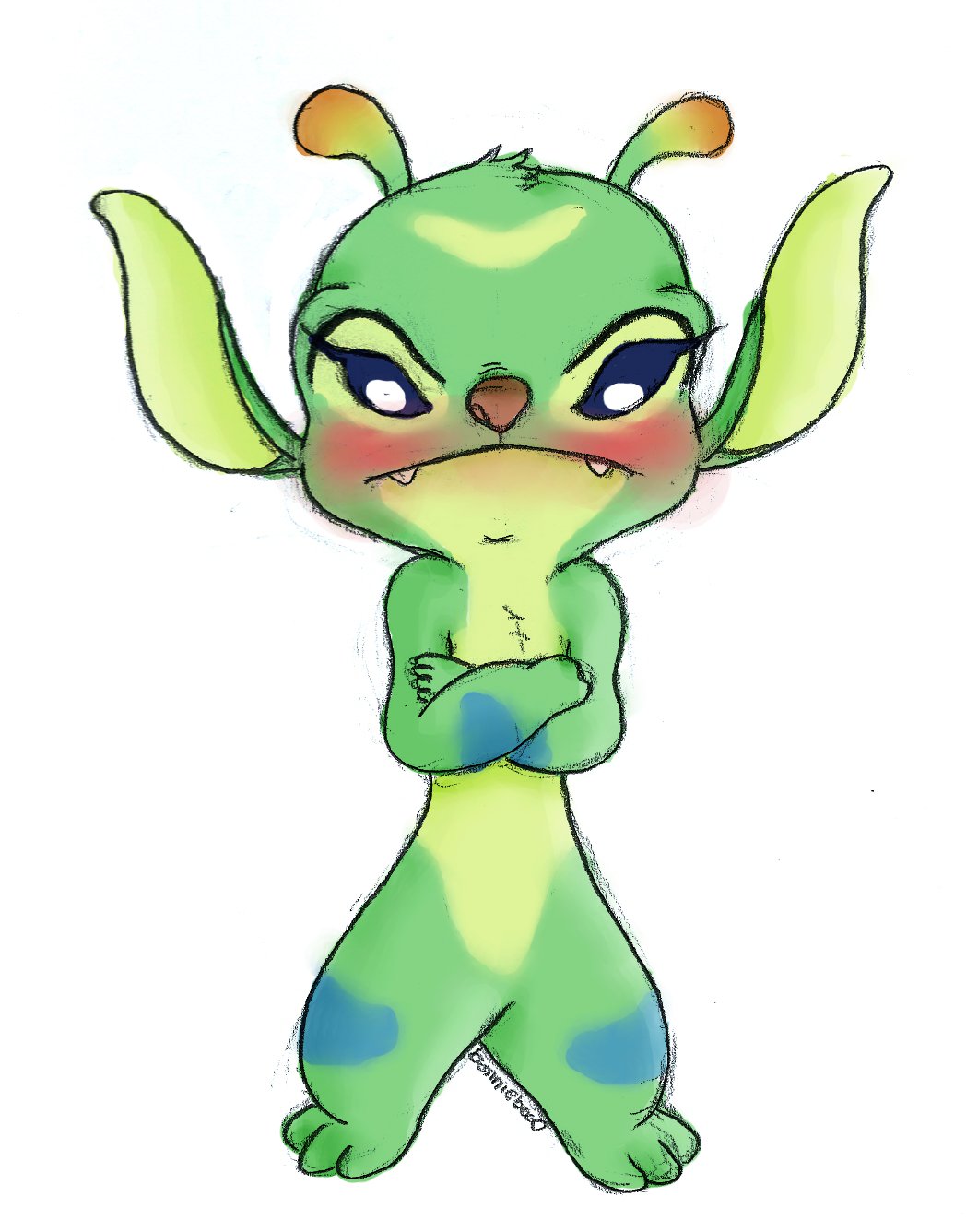 2012 alien angry antennae_(anatomy) blue_eyes blush bonnie_(lilo_and_stitch) boonieboo0 brown_nose crossed_arms disney experiment_(lilo_and_stitch) eyelashes fangs female green_body green_inner_ear hi_res lilo_and_stitch looking_down markings multicolored_body signature simple_background standing toes white_background