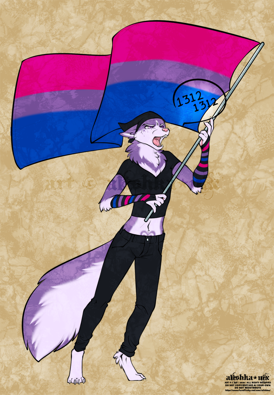 2020 4_toes 5_fingers acab alishka anthro barefoot canid canine clothed clothing digital_media_(artwork) digitigrade eyebrows eyelashes female fingers fox fur hi_res lgbt_pride mammal open_mouth politics pride_colors purple_body purple_fur solo standing teeth toes tongue