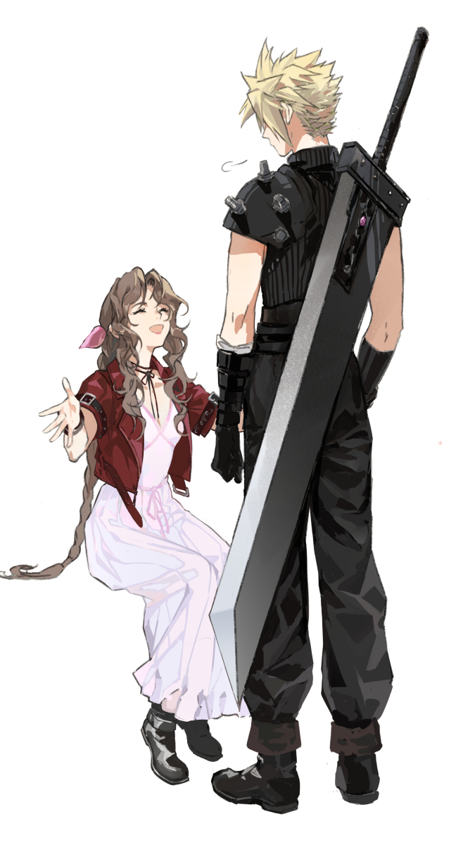 1boy 1girl ^_^ ^o^ aerith_gainsborough bangs black_footwear black_gloves black_pants black_shirt blonde_hair bracelet braid braided_ponytail breasts brown_hair buster_sword closed_eyes cloud_strife cropped_jacket dress elbow_gloves final_fantasy final_fantasy_vii final_fantasy_vii_remake full_body gloves hair_ribbon highres invisible_chair jacket jewelry lips loli_bushi long_hair looking_at_another open_clothes open_jacket open_mouth outstretched_arms pants parted_bangs red_jacket ribbed_shirt ribbon shirt shoes short_hair shoulder_armor side_braids sigh simple_background sitting sleeveless sleeveless_shirt small_breasts smile spiked_hair standing turtleneck wavy_hair weapon weapon_on_back white_background white_dress