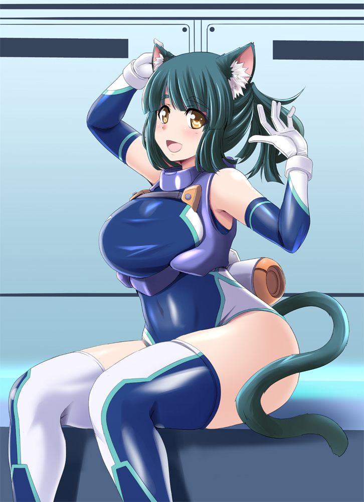 1girl :d animal_ear_fluff animal_ears bangs bare_shoulders blush bodysuit cat_ears cat_tail covered_navel detached_sleeves eyebrows_visible_through_hair gloves green_hair leotard medium_hair milk_(tonpuu) open_mouth original ponytail shiny shiny_clothes sidelocks sitting skin_tight smile solo tail tareme thighhighs thighs tonpuu white_gloves yellow_eyes