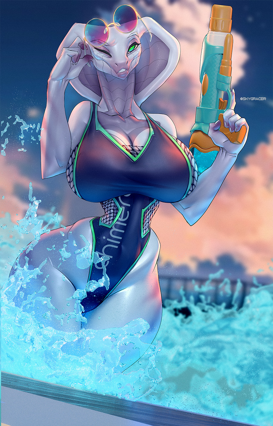 2020 5_fingers agent_torque anthro big_breasts breasts clothed clothing eyewear female fingers glasses green_eyes hi_res huge_breasts naga non-mammal_breasts one_eye_closed reptile scalie serpentine skygracer small_waist snake snake_hood solo swimwear video_games viper_(x-com) water water_gun wink x-com x-com:_chimera_squad