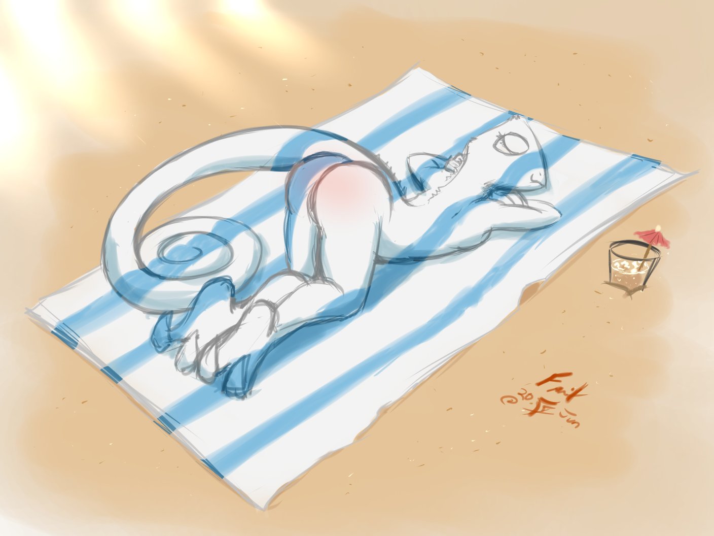 2020 4:3 anthro ass_up beach butt camo chameleon colored_sketch female frist44 genitals hex_spectra_(the-minuscule-task) lizard lying nude on_front pussy reddened_butt reptile scalie seaside sleeping solo sunbathing towel