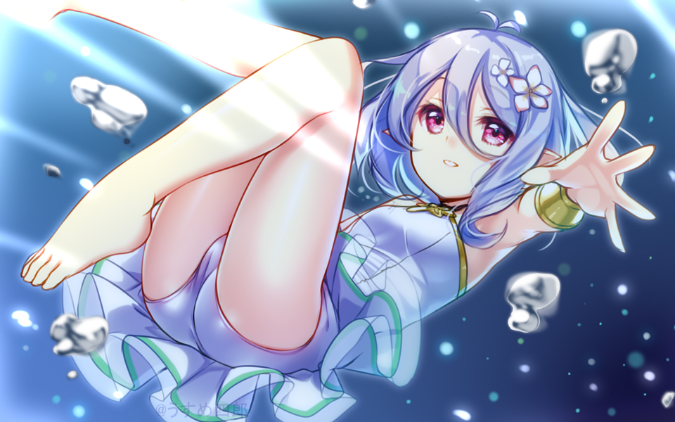 1girl armpits ass barefoot bracer bubble cameltoe elf feet flower hair_flower hair_ornament knees_together_feet_apart knees_up kokkoro_(princess_connect!) legs looking_at_viewer one-piece_swimsuit open_mouth outstretched_arm outstretched_hand pink_eyes pointy_ears princess_connect! princess_connect!_re:dive short_hair silver_hair solo swimsuit swimsuit_skirt thighs toes underwater usume_shirou water white_swimsuit