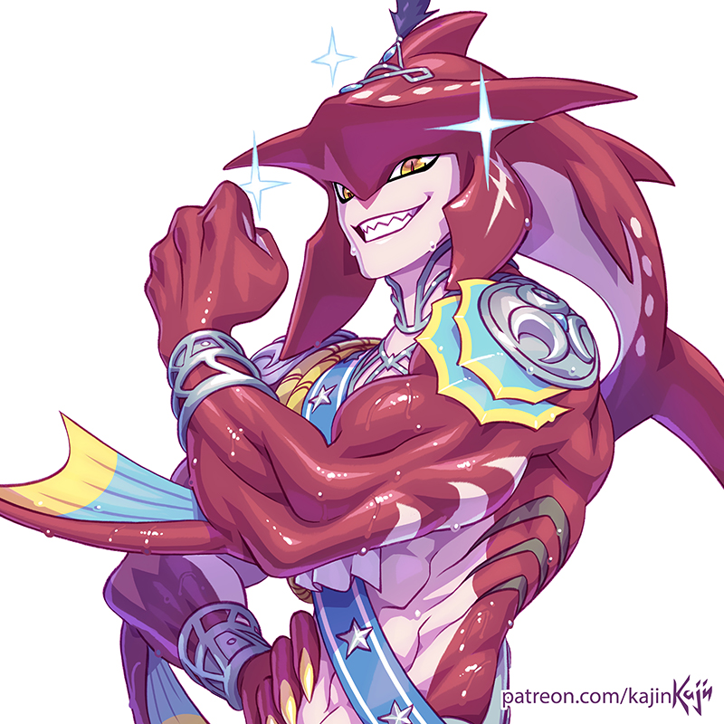 1:1 2019 biceps breath_of_the_wild flexing grin humanoid kajinman male marine multicolored_body nintendo prince_sidon red_body sharp_teeth simple_background smile solo teeth the_legend_of_zelda video_games wet white_background white_body yellow_eyes zora