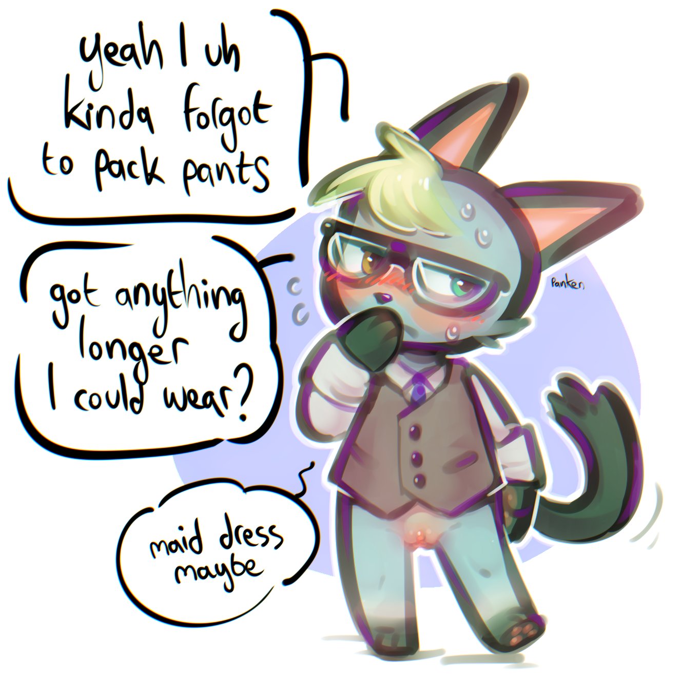 andromorph animal_crossing anthro blush bottomless clothed clothing embarrassed english_text eyewear genitals glasses hi_res intersex invalid_tag male_(lore) nintendo panken partially_clothed pussy raymond_(animal_crossing) solo text video_games