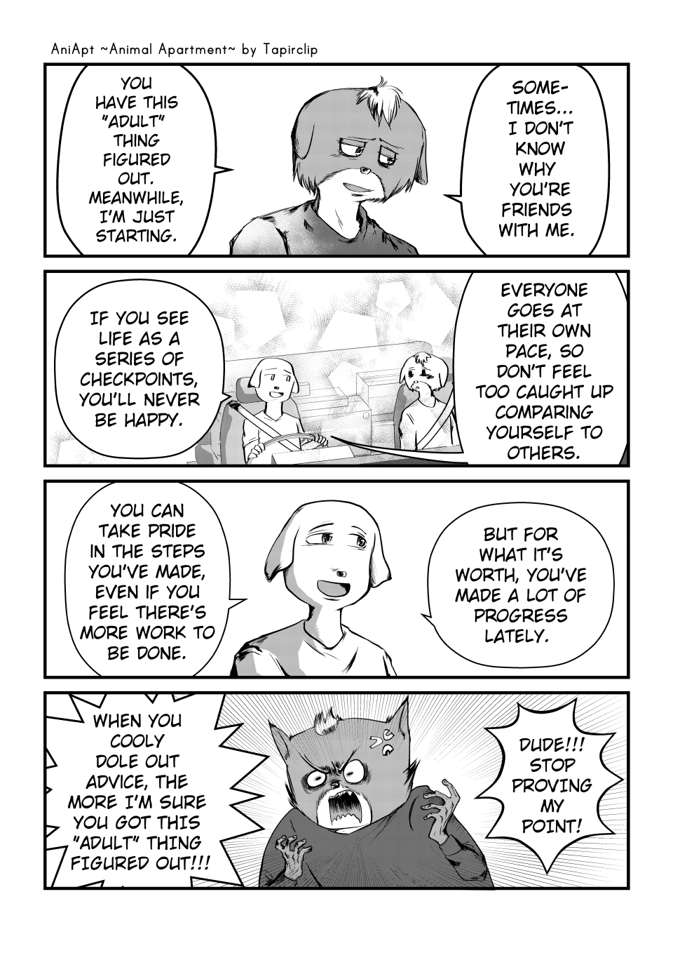 2020 4koma 5_fingers aniapt_(manga) anthro black_nose blush canid canine canis car cheek_tuft chien clothed clothing comic cross-popping_vein digital_media_(artwork) domestic_dog duo english_text facial_tuft fingers fluffy fluffy_tail greyscale hair happy hi_res inner_ear_fluff male male/male mammal manga mephitid messy_hair monochrome multicolored_body open_mouth open_smile screentone simple_background sitting skunk smile speech_bubble tapirclip text topwear tuft two_tone_body vehicle vein yelling