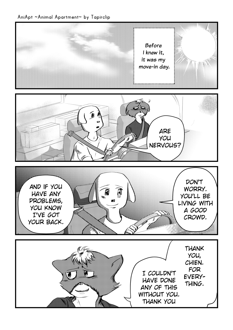 2020 4koma 5_fingers aniapt_(manga) anthro black_nose blush bodily_fluids canid canine canis car cheek_tuft chien closed_smile clothed clothing comic cute_fangs detailed_background digital_media_(artwork) domestic_dog duo english_text facial_tuft fingers fluffy fluffy_tail forced_smile greyscale hair happy hi_res inner_ear_fluff male male/male mammal manga mephitid messy_hair monochrome multicolored_body necktie open_mouth open_smile screentone simple_background sitting skunk smile speech_bubble sweat sweatdrop tapirclip text topwear tuft two_tone_body vehicle