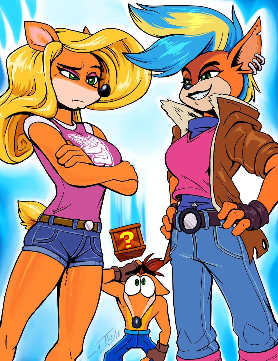 activision anthro bandicoot blonde_hair clothing crash_bandicoot crash_bandicoot_(series) crate eye_contact female hair hi_res looking_at_another male mammal marsupial mohawk_(hairstyle) smile tawna_bandicoot thewill unknown_character video_games