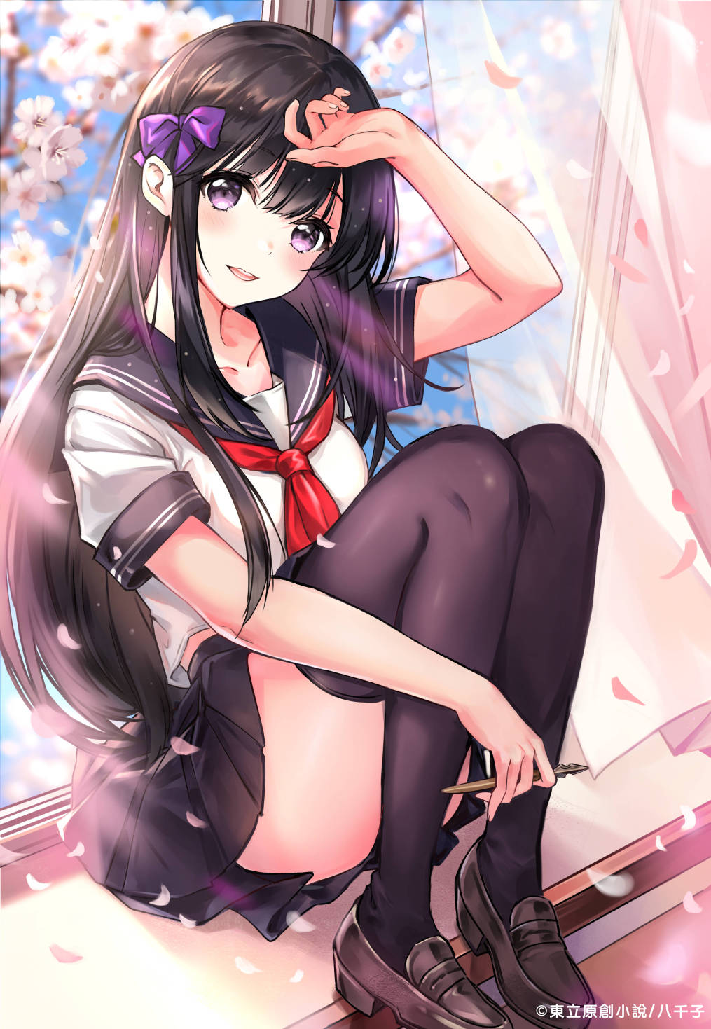 1girl arm_up bangs black_footwear black_hair black_legwear black_sailor_collar black_skirt blush bow commentary_request copyright_request curtains eyebrows_visible_through_hair flower hair_between_eyes hair_bow highres holding knees_up loafers long_hair looking_at_viewer neckerchief official_art parted_lips petals pierorabu pleated_skirt purple_bow purple_eyes red_neckwear sailor_collar school_uniform serafuku shirt shoes short_sleeves sitting_in_window skirt solo thighhighs transparent upper_teeth very_long_hair white_flower white_shirt window