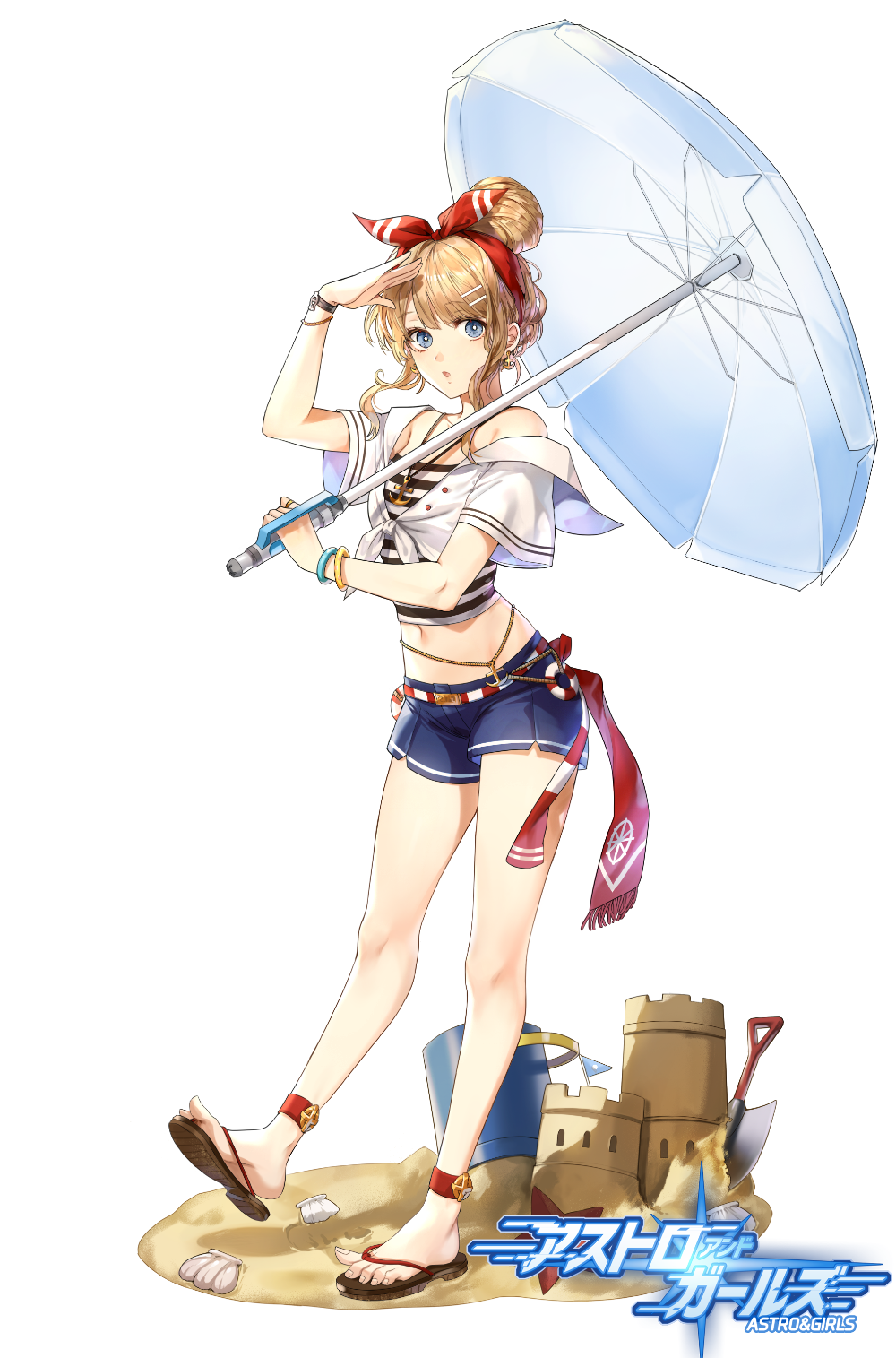 1girl anklet arm_up astro_and_girls blue_eyes blue_shorts bracelet brown_hair crop_top earrings front-tie_top full_body hair_bun hair_ornament hair_ribbon hairclip highres holding jewelry kim_eb long_hair looking_at_viewer midriff navel necklace off_shoulder official_art parted_lips ribbon sand sand_castle sand_sculpture shading_eyes shirt short_shorts shorts simple_background slippers solo strapless striped striped_shirt thighs tied_hair tubetop umbrella white_background white_shirt