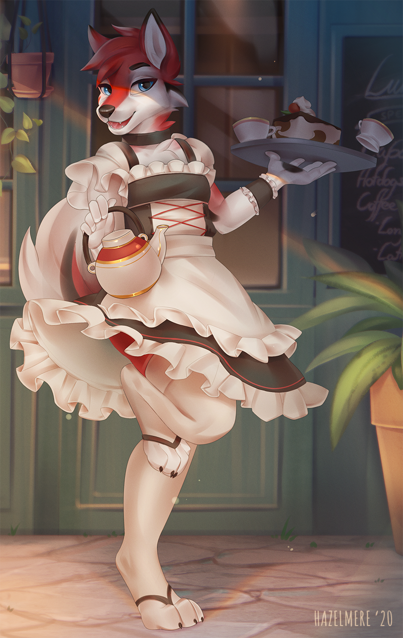 anthro aurothos beverage bottomwear cafe canid canine canis clothed clothing crossdressing crossdressing_male fur hazelmere hi_res legwear maid_apron maid_uniform male mammal public red_body red_fur skirt solo tea teapot thigh_highs uniform waiter white_body white_fur wolf