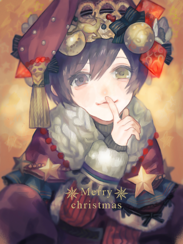 1boy androgynous bow christmas_ornaments drawr finger_to_mouth hat heterochromia looking_at_viewer male_focus merry_christmas nishihara_isao original purple_eyes purple_hair short_hair solo star_(symbol) wool yellow_eyes