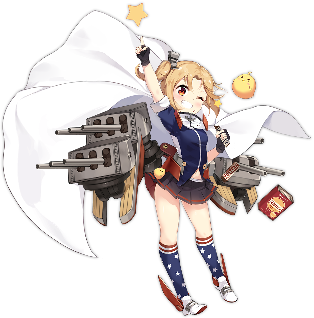 1girl ;d arm_up azur_lane bird black_gloves black_skirt blue_legwear blue_shirt boqboq breasts brown_hair candy cape chick chocolate chocolate_bar cleveland_(azur_lane) fingerless_gloves food full_body gloves grin holding holding_food kneehighs little_cleveland_(azur_lane) looking_at_viewer machinery manjuu_(azur_lane) miniskirt navel nestle official_art one_eye_closed open_mouth pleated_skirt red_eyes rudder_footwear shirt shoes skirt small_breasts smile star_(symbol) star_print thighs transparent_background turret white_cape white_footwear younger