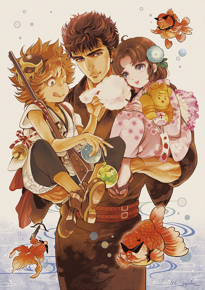 1girl 2boys ;p artist_name bat_(hokuto_no_ken) bell brown_footwear brown_hair carrying character_request cotton_candy fish gun hokuto_no_ken holding holding_stuffed_animal japanese_clothes jingle_bell jobo_(isi88) kenshirou kimono koi licking_lips lynn mask mask_on_head multiple_boys one_eye_closed pink_kimono sandals stuffed_animal stuffed_toy teddy_bear tongue tongue_out twitter_username water_yoyo weapon white_background wide_sleeves wind_chime yukata