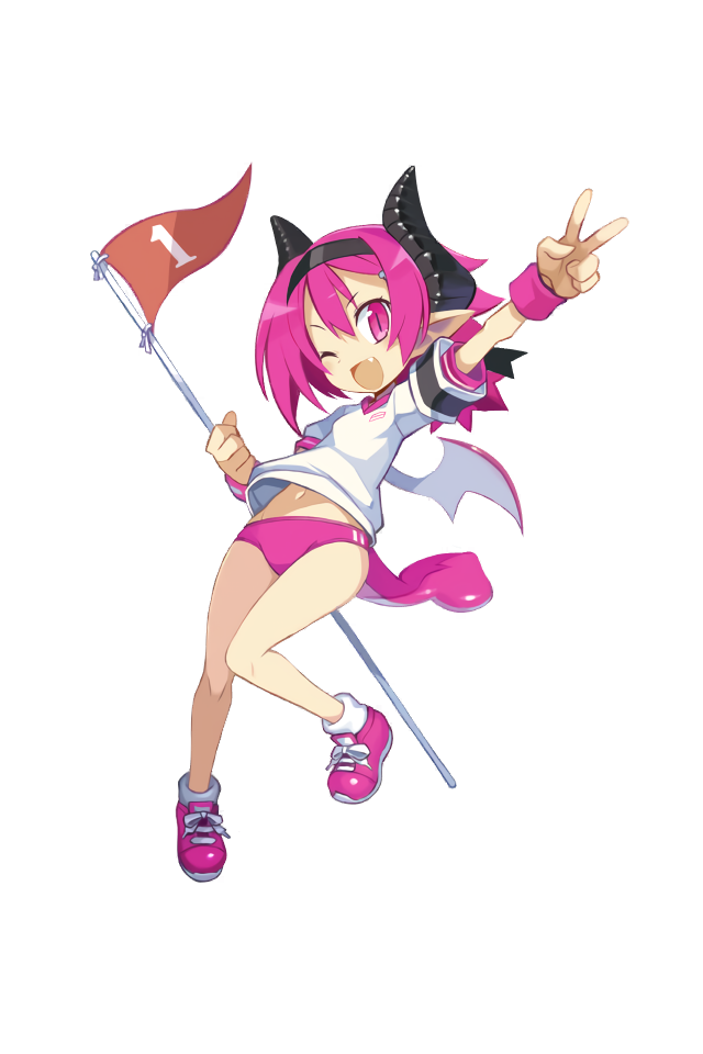 1girl armband belly_peek buruma demon_girl demon_horns demon_tail demon_wings disgaea disgaea_rpg fang flag full_body gym_uniform hairband holding holding_flag horns official_art one_eye_closed open_mouth outstretched_arm pink_buruma pink_eyes pink_footwear pink_hair pointy_ears raspberyl shoes short_hair slit_pupils sneakers solo tail transparent_background v wings wristband