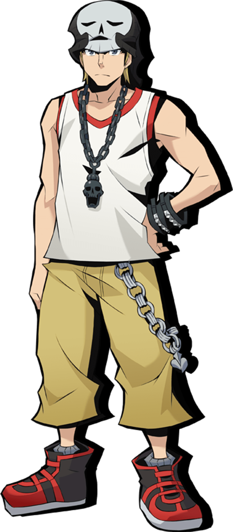 1boy beanie belt_chain bitou_daisukenojou blonde_hair hair_ornament hand_on_hip hat highres jewelry looking_at_viewer necklace official_art skull_hair_ornament skull_necklace solo subarashiki_kono_sekai subarashiki_kono_sekai_the_animation tank_top transparent_background
