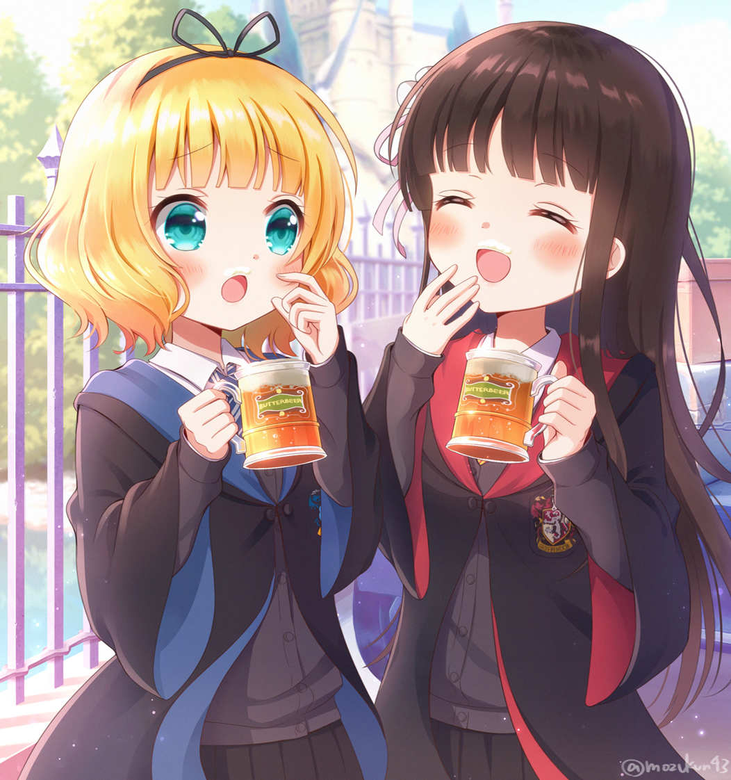 2girls :d :o ^_^ aqua_eyes bangs black_robe blonde_hair blunt_bangs blush brown_hair closed_eyes commentary_request cup day emblem eyebrows_visible_through_hair facing_another fence foam_mustache gochuumon_wa_usagi_desu_ka? gryffindor hair_ribbon hand_to_own_mouth harry_potter hogwarts_school_uniform holding holding_cup kirima_sharo long_hair looking_at_another mozukun43 mug multiple_girls open_mouth outdoors ravenclaw ribbon robe school_uniform short_hair smile twitter_username ujimatsu_chiya white_ribbon wide_sleeves wing_collar