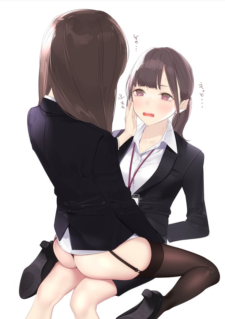 2girls ama_mitsuki arms_behind_back ass bangs black_legwear blush brown_eyes brown_hair business_suit caress collared_shirt eye_contact formal garter_straps hand_on_another's_cheek hand_on_another's_face jacket lanyard looking_at_another multiple_girls no_pants office_lady open_mouth original shirt sitting sitting_on_lap sitting_on_person suit tears thighhighs translation_request white_shirt yuri