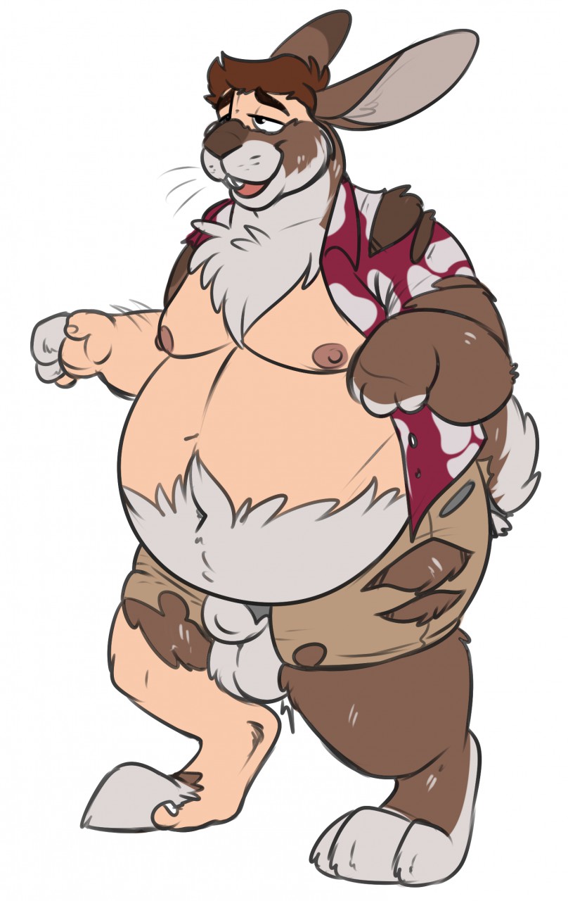 belly binturongboy bottomwear chubby_male clothing digitigrade fluffy hi_res lagomorph leporid long_ears male mammal mid-transformation moobs overweight pants paws rabbit rippage shirt solo topwear torn_bottomwear torn_clothing torn_pants transformation weight_gain