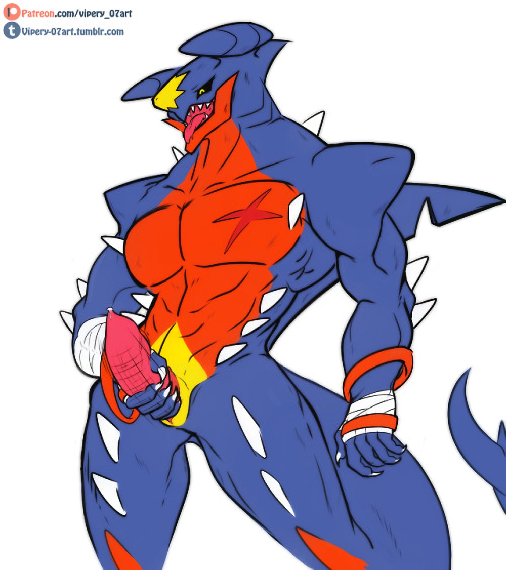 anthro anthrofied bandage bodily_fluids claws dragon fan_character fangs garchomp genital_fluids genitals looking_pleasured male masturbation mega_evolution mega_garchomp muscular muscular_male nintendo open_mouth penis pok&eacute;mon pok&eacute;mon_(species) precum scar simple_background solo spikes standing tongue video_games vipery-07 white_background