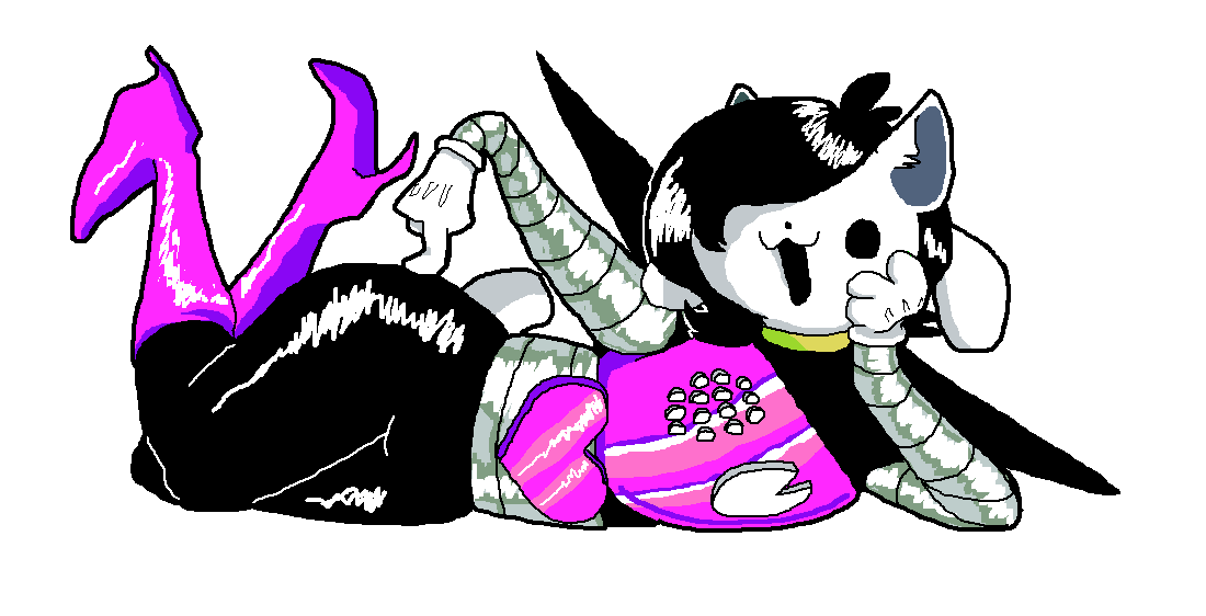 arm_support black_hair boots clothing footwear fur gloves hair hair_over_eye handwear high_heeled_boots legwear lying mammal mettaton mysteriousmisty on_side one_eye_obstructed open_mouth simple_background tem temmie_(undertale) thigh_boots thigh_highs undertale video_games white_background white_body white_fur