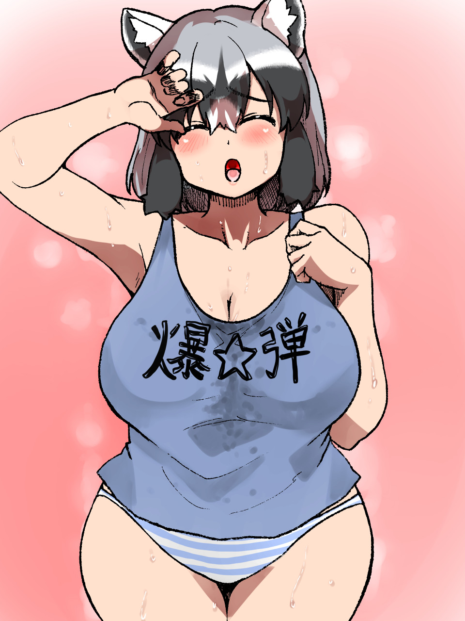 animal_humanoid arai-san big_breasts black_hair blush bodily_fluids breasts cleavage clothed clothing eyes_closed female grey_hair hair hi_res humanoid inner_ear_fluff isna japanese_text kemono_friends mammal mammal_humanoid multicolored_hair open_mouth panties procyonid procyonid_humanoid raccoon_humanoid shirt solo sweat text tongue topwear translation_request tuft underwear wet wet_clothing wet_shirt wet_topwear white_hair