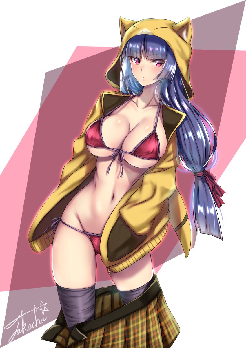 1girl abra bangs bikini black_legwear blue_hair blush breasts cleavage closed_mouth collarbone commentary_request gen_1_pokemon highres hood hoodie long_hair looking_to_the_side natsume_(pokemon) navel pink_eyes plaid plaid_skirt pleated_skirt pokemon pokemon_(game) pokemon_frlg red_bikini shiny shiny_skin signature skirt solo swimsuit tail takecha thighhighs tied_hair yellow_hoodie