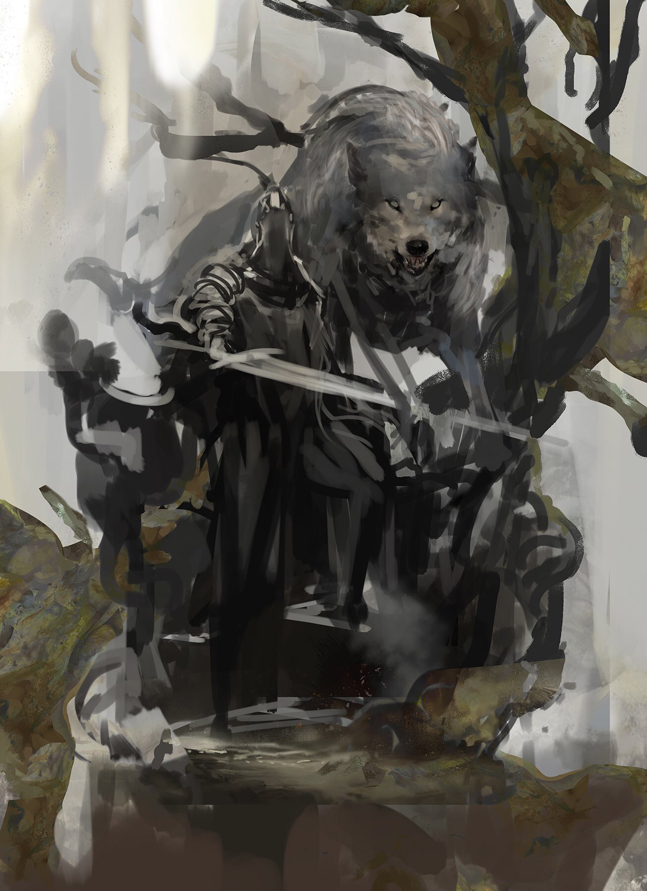 1boy animal armor artorias_the_abysswalker cloud cloudy_sky dark_souls day faceless fangs great_grey_wolf_sif grey_wolf highres kekai_kotaki knight light_rays long_sword looking_at_viewer oversized_animal shield sky souls_(from_software) stairs standing sunlight wolf work_in_progress